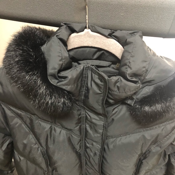 T Tahari Cammy rabbit fur trim long down coat - Picture 5 of 6